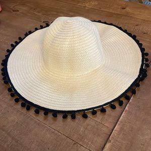 J.Crew Straw Beach Hat with Black Pom-Poms